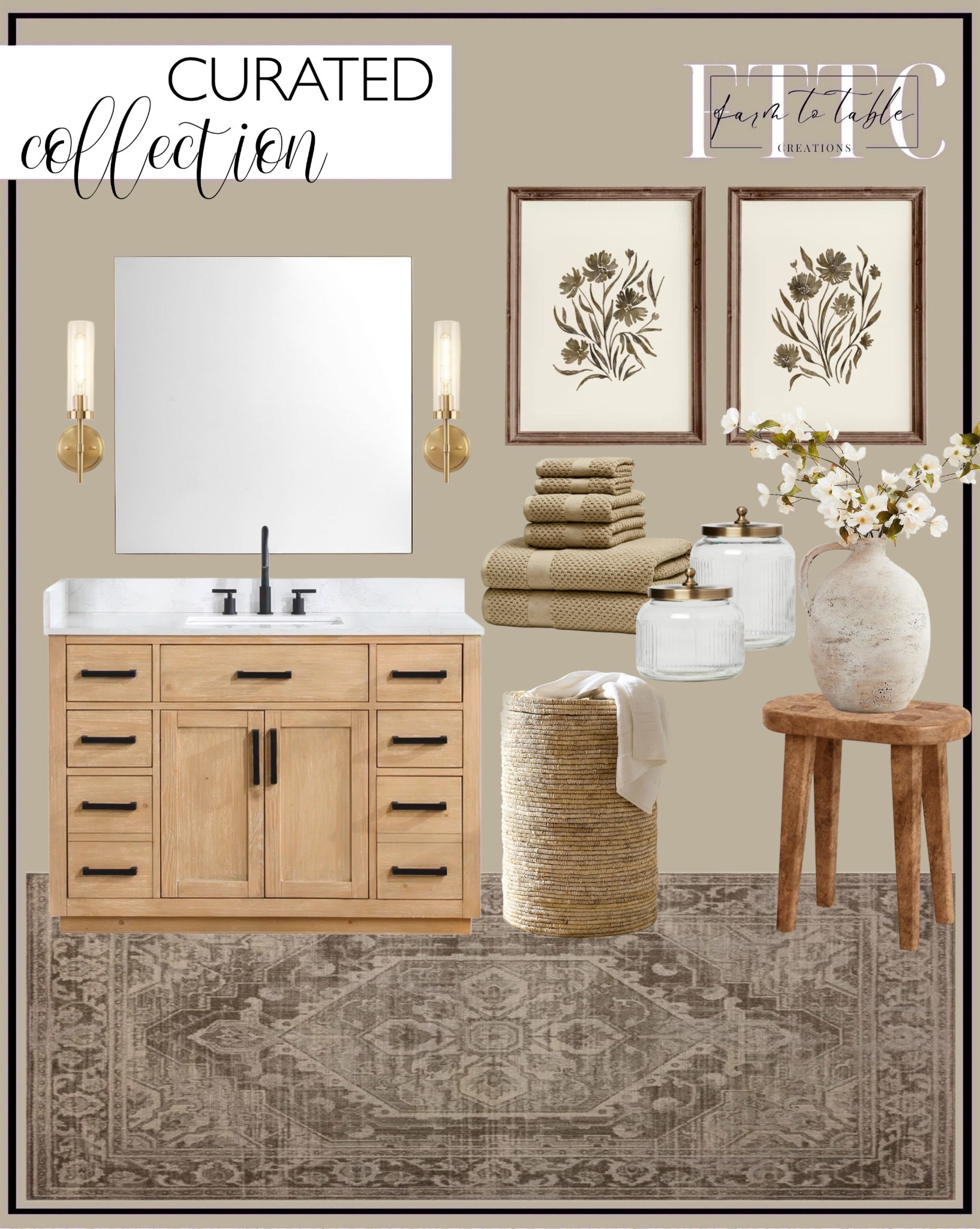 Curated Bathroom Collection. Follow @farmtotablecreations on Instagram for more inspiration.

Loloi Mona Cocoa Rug. Better Homes & Gardens Textured Bath Towel. Rattan Bathroom Wastebasket. Blake Square Mirror. Pottery Barn. Ravenna 48” single bathroom vanity with stone top. Coil Hamper. Bathroom Faucet. Cabinet Pulls. Bathroom Wall Sconces. Muted Wildflower Digital Wall Art. Artisian Handcrafted Vase. Cream blossom branch. Woodland Accent Table. Bath Canister. 

Bathroom  | Spring Decor | Entryway Decor | Bedroom Furniture | nightstands | Home Decor| Fireplace Decor | Spring Refresh |  Bedroom Finds | Neutral Stems | Spring Stems | Bookshelf Decor | Bedroom Space | Cozy Corner | Bathroom | Curated Entryway | Spring  Decor | End of Year Clearance | Trending Decor | Viral Decor  | Coffee Table Decor | Neutral Decor | Stem Sale | Target Finds | Skinny Bench | Bedroom | Living Room | Breakfast Nook | Amazon Home | Target Sale | Loloi Rugs | Magnolia Home | console table | console table styling | faux stems | entryway space | front porch decor | neutral decor | entryway decor | cozy home | affordable decor |  home decor | home inspiration | console styling | entryway rug | cozy moody home | moody home decor | neutral home | bathroom decor | living room | spring decor | Hearth & Hand | Studio McGee | 2025 Home Trends | trending home | Crate&Barrel 


#LTKFindsUnder50 #LTKHome #LTKSaleAlert
