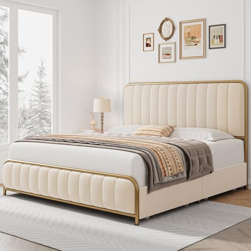 HITHOS Upholstered Queen Size Bed Frame with 4 Storage Drawers and Headboard, Heavy Duty Metal Ma... | Amazon (US)