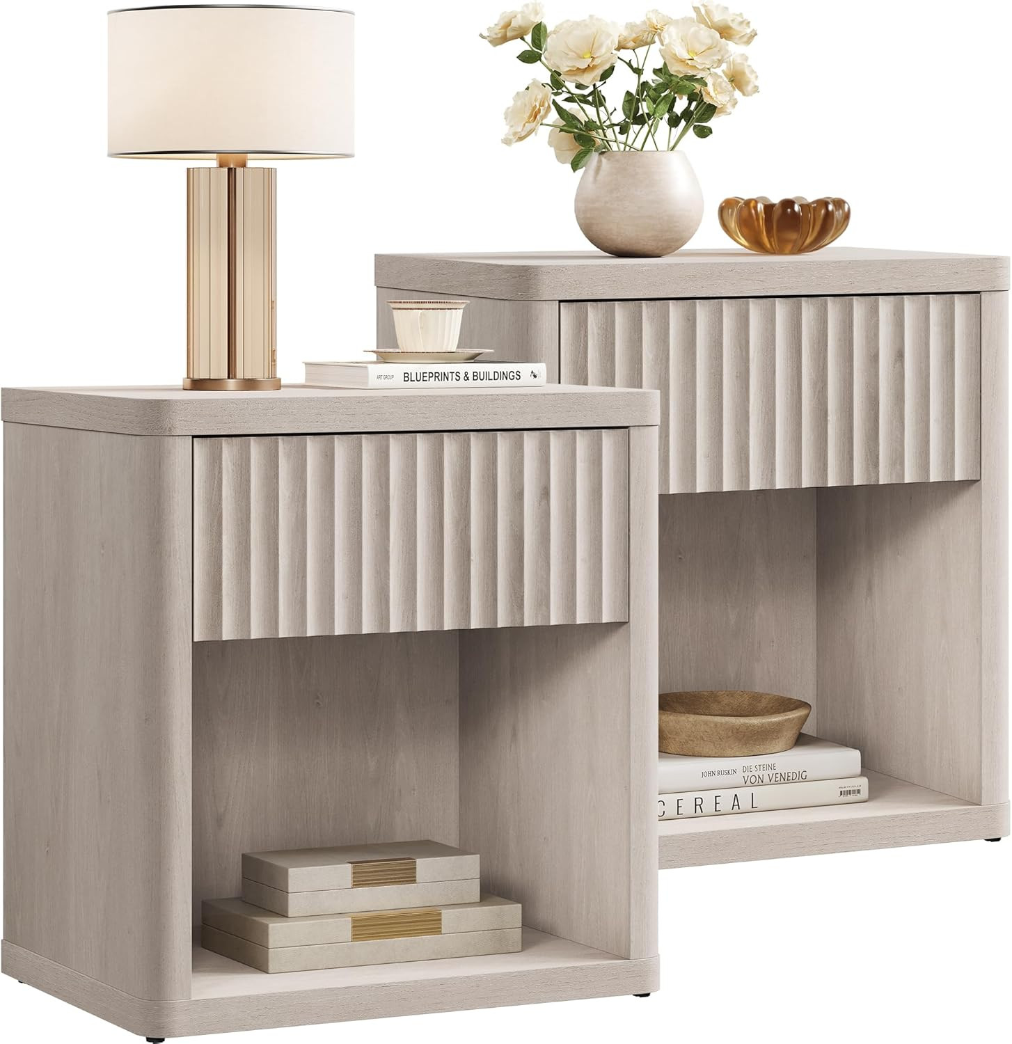 SICOTAS Night Stand Set of 2 Nightstands with Drawer Storage Fluted Bed Side Table End Table Large Modern Wide Bedside Stand Mid Century Night Stands for Bedroom Living Room Sofa Office, White Alder | Amazon (US)