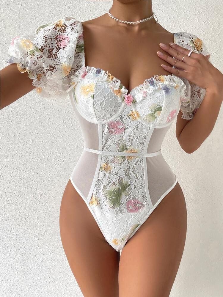 Sweetheart Neck Frilled Puff Sleeve Backless Lace Bodysuit | SHEIN