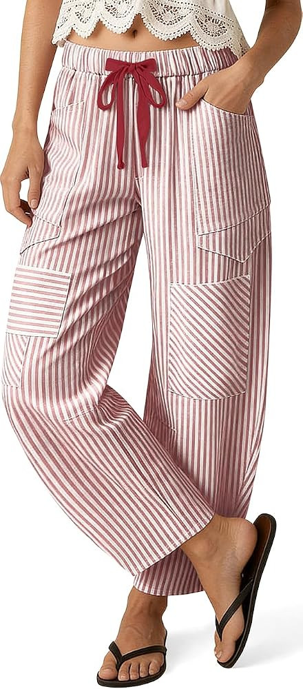 TARSE Womens Striped Linen Barrel Pants Drawstring Y2k Patchwork Pockets | Amazon (US)