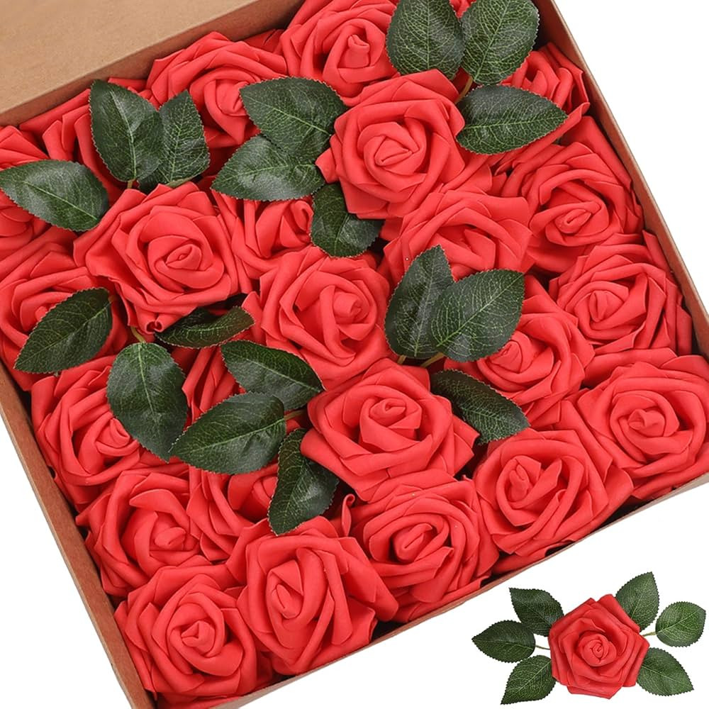 Artificial Flowers Roses 25pcs Red Roses Wedding Decoration Real Looking Fake Roses w/Stem for DI... | Amazon (US)