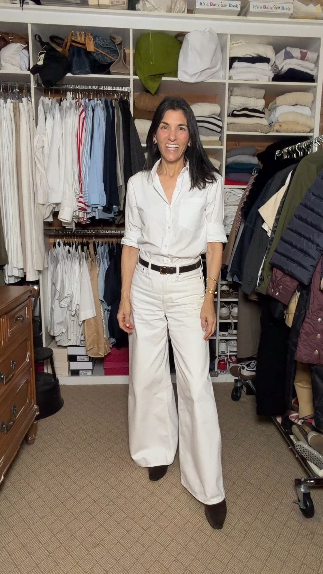 In all white with dark brown accessories 