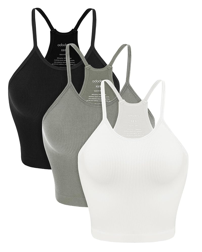 ODODOS Women's Crop 3-Pack Seamless Rib-Knit Camisole Crop Tank Tops | Amazon (US)