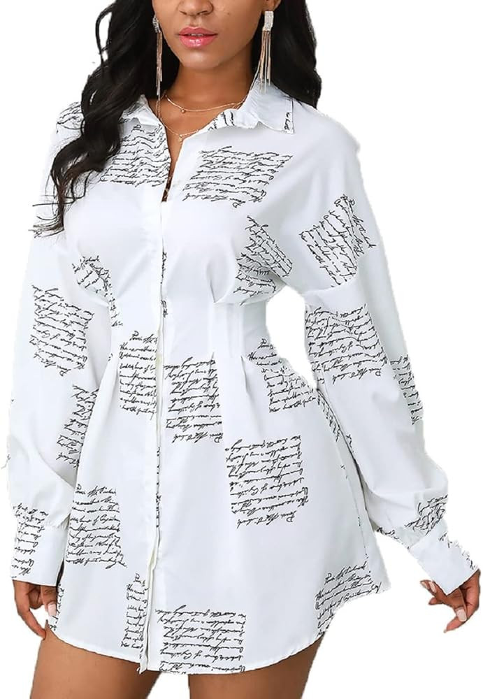 Shirt Dresses for Women Sexy Tops Button Down Shirts Dress Colorful Collar Blouses Long Sleeve Fl... | Amazon (US)