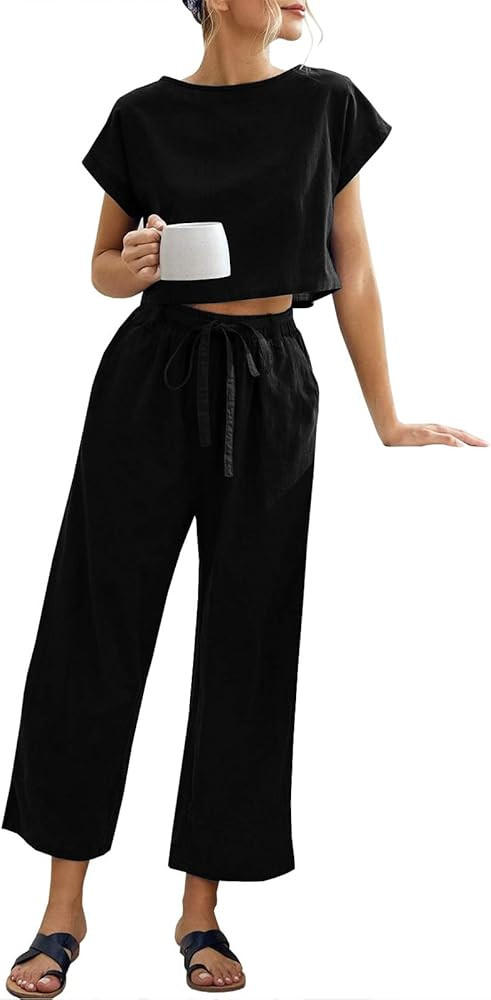 Eurivicy Women's 2 Piece Outfits Short Sleeve Crop Top and Pocketed Wide Leg Pants with Belt Casu... | Amazon (US)