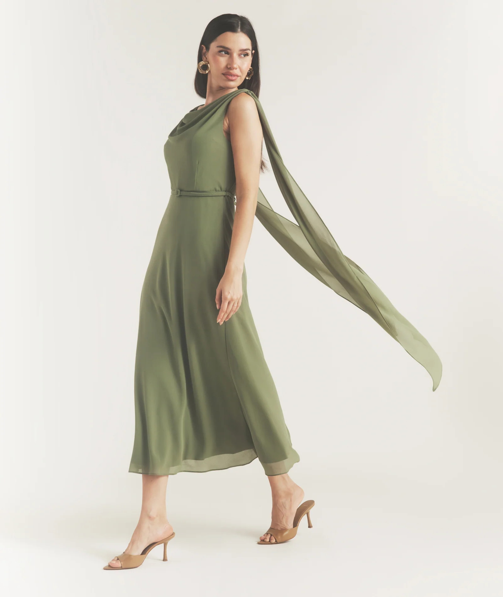 Cowl Front Drape Detail Belted Midi Dress - Sage | Six Stories