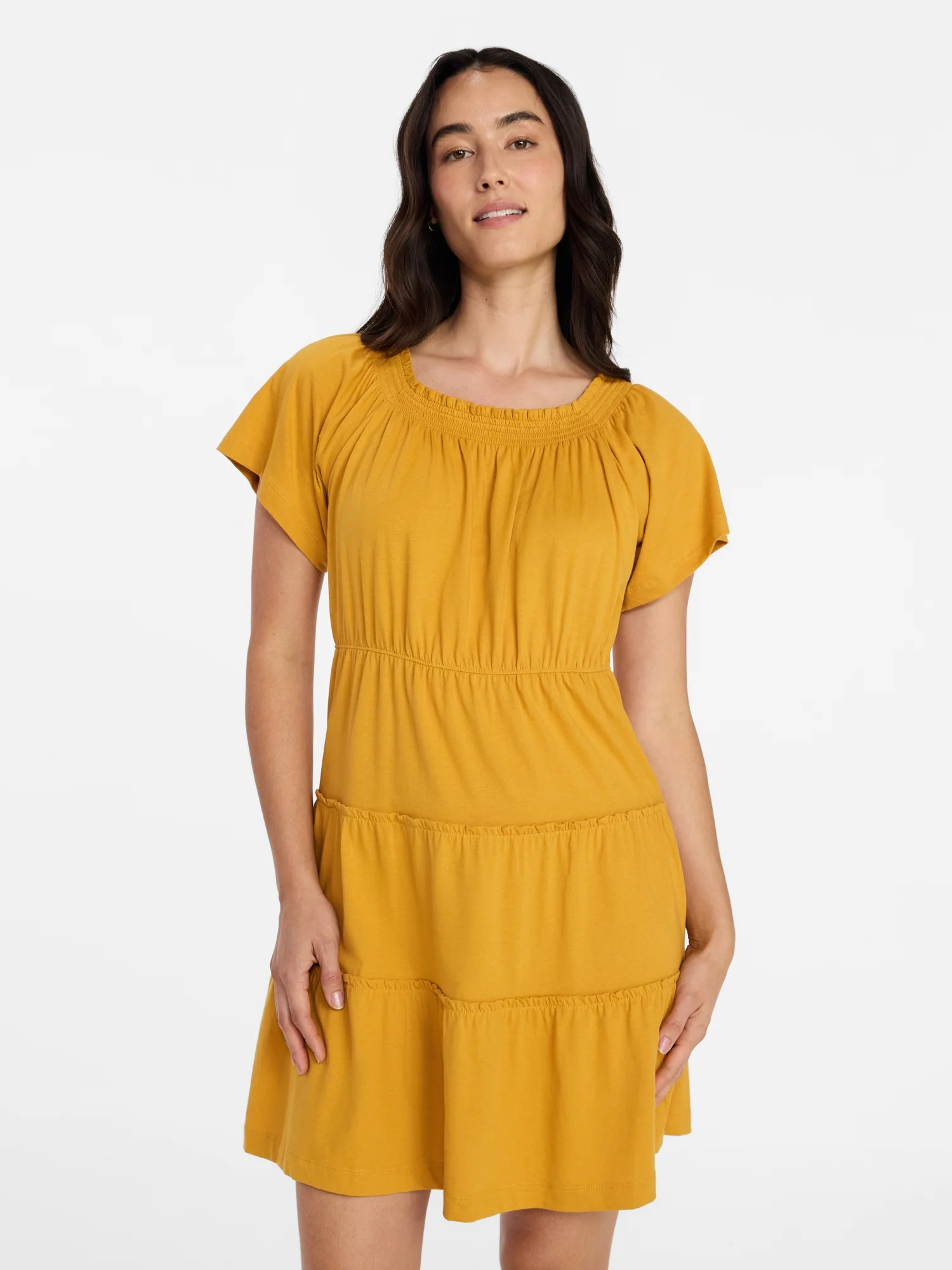 Time and Tru Women's Tiered Cotton Mini Dress with Flutter Sleeves, Sizes XS-XXXL | Walmart (US)