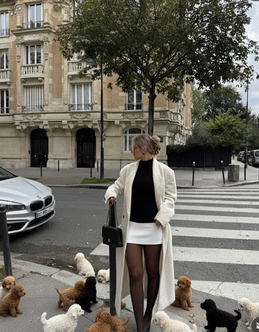 White mini skirt 
Black sweater 
Black coat 

#LTKootd #LTKHoliday #LTKSeasonal