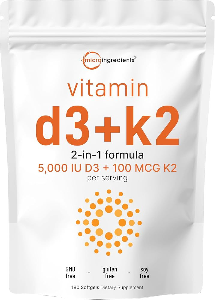 Micro Ingredients Vitamin D3 5,000 IU + K2 MK-7 100 mcg, 180 Softgels | 2-in-1 Bone, Immune & Hea... | Amazon (US)