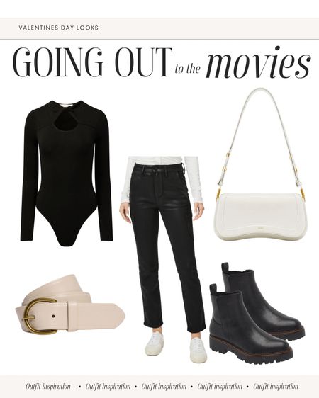 Valentines Day Look | Date Night Outfit Inspiration | Going out to the Movies | Rachel Parcell : black twisted front bodysuit, body suit, slim fit, twisted cutout, PAIGE pants, jolie coated slim straight leg cargo pants, black leather pants, miller 2 water resistant boots, black boots, chelsea boots, cream leather belt, madewell belt, accessories, nordstrom, joy faux leather shoulder bag purse cream, romantic, feminine, timeless, Affordable, Neutral, Mom Style, Comfortable Chic, Size S Small, size 2-4, Guess brand, black yael ankle strap sandals heels, shoes size 8 or 8 1/2 US Size	 

#LTKstyletip #LTKsalealert #LTKSeasonal