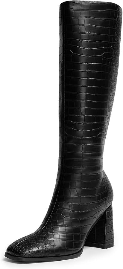 DREAM PAIRS Knee High Boots for Women Square Toe Gogo Chunky Heel with Side Zip | Amazon (US)