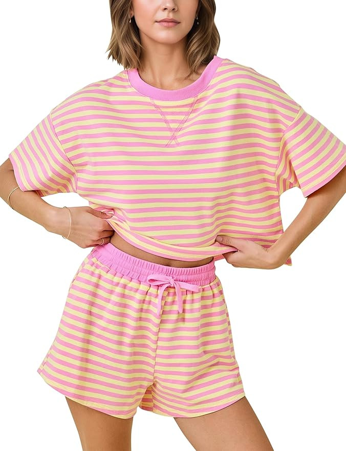 MSBESYOR Striped Set for Women Summer 2 Piece Lounge Sets Casual Pajamas Matching Set Short Sleev... | Amazon (US)