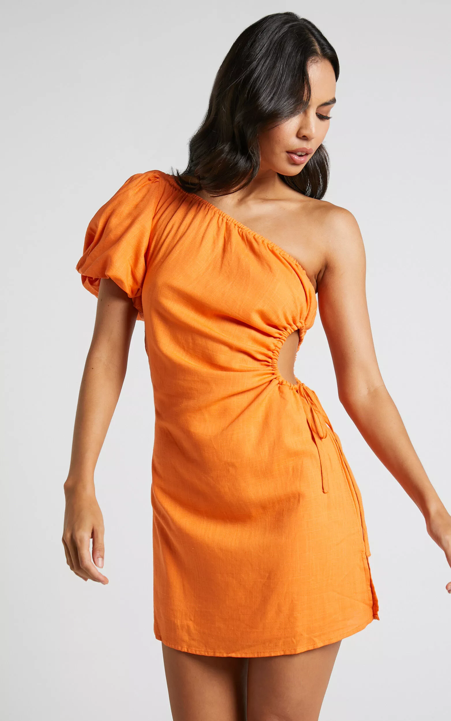 Levona Midi Dress - Ruffle Shoulder Tiered Dress in Orange