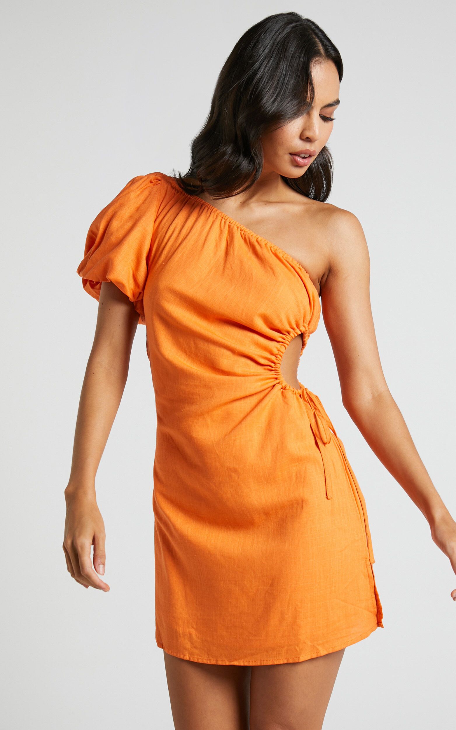 Alondra Mini Dress - One Shoulder Puff Sleeve Tie Waist Dress in Orange | Showpo (US, UK & Europe)