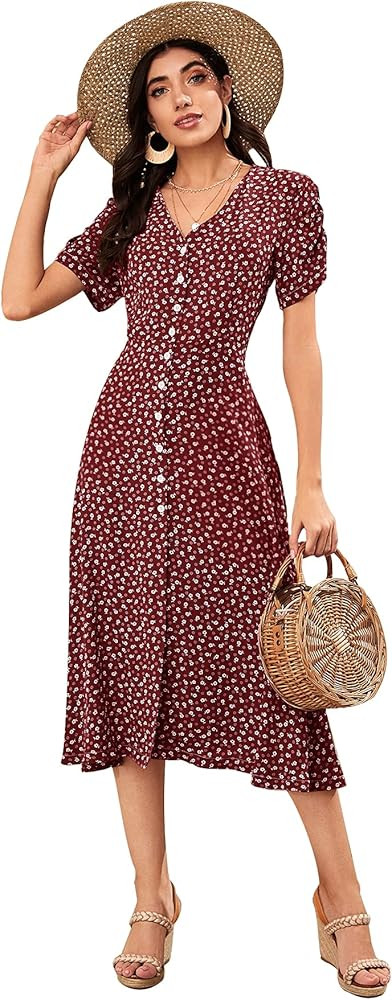 Floerns Women's Floral Print V Neck Button Front Short Sleeve Split A Line Midi Dress | Amazon (US)