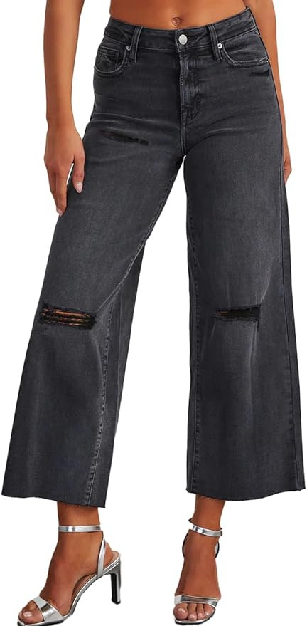 Allimy Women's High Waisted Straight Ankle Wide Leg Ripped Jeans Frayed Hem Stretchy Capri Denim ... | Amazon (US)
