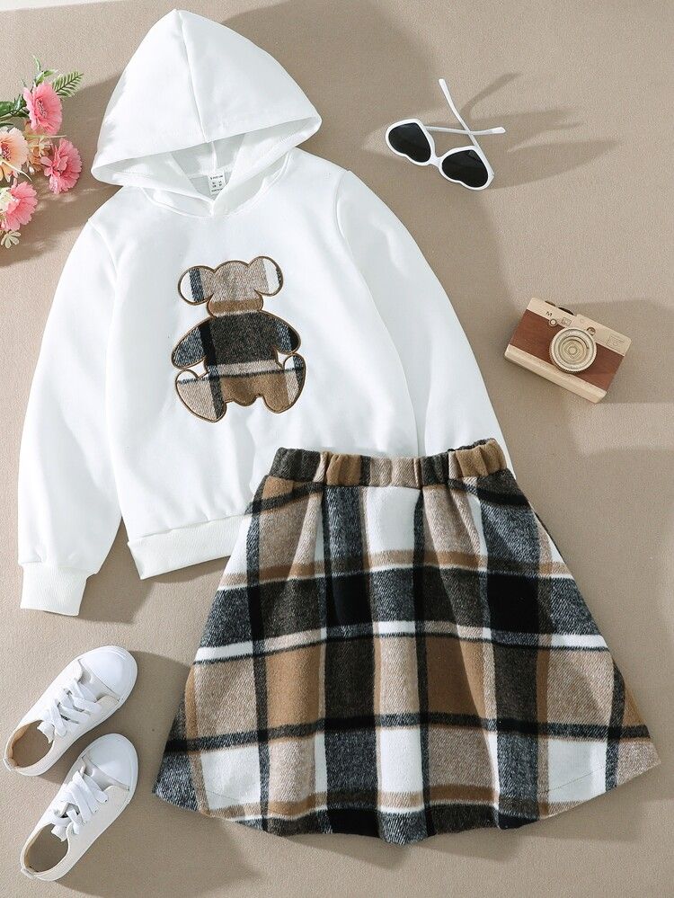 Girls Bear Embroidery Hoodie & Plaid Skirt | SHEIN