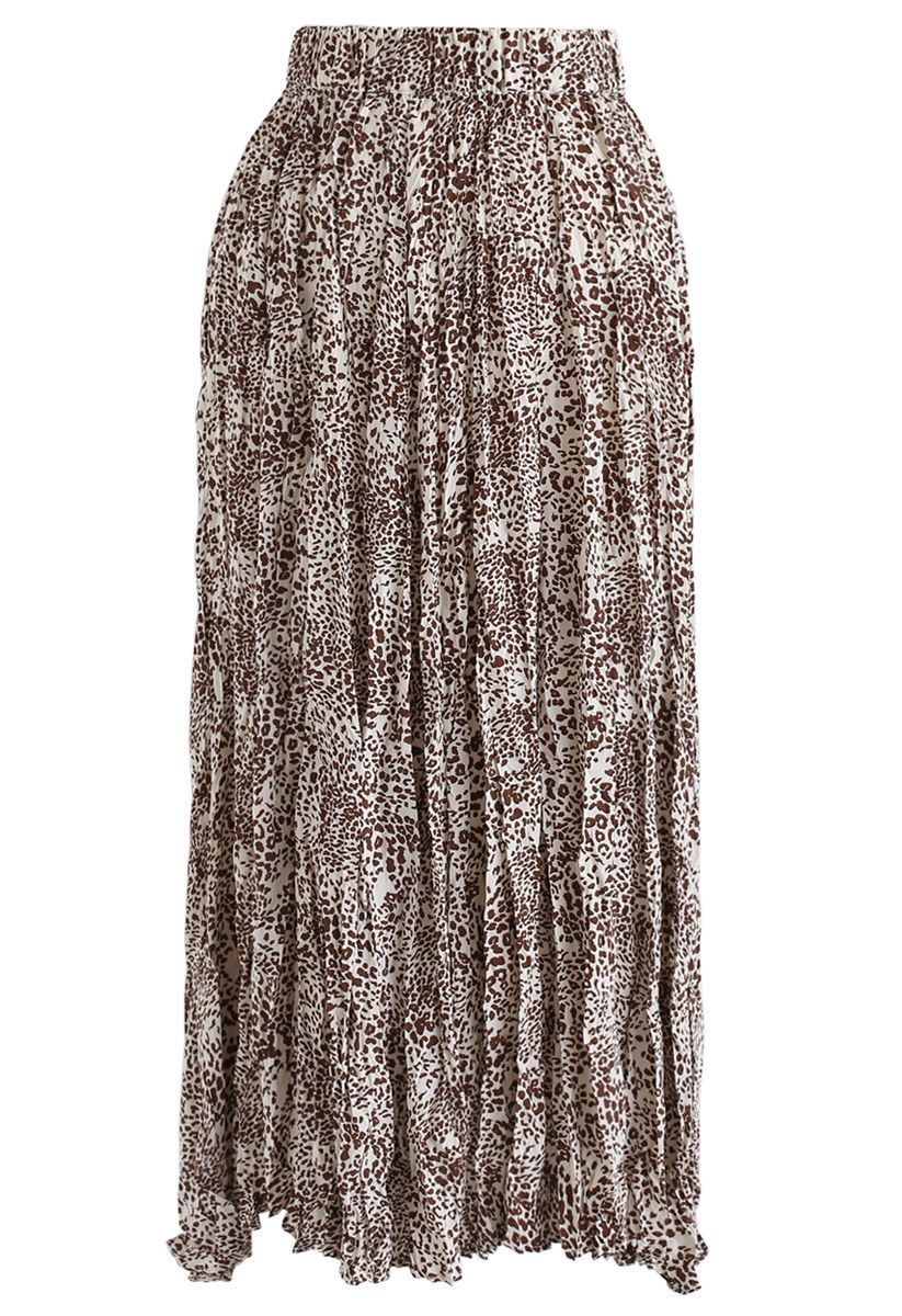 Leopard Print Pleated Midi Skirt in Brown | Chicwish