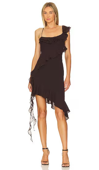 Jess Flounce Mini Dress in Chocolate Brown Brown Mini Dress Brown Ruffle Dress Ruffle Mini Dress | Revolve Clothing (Global)