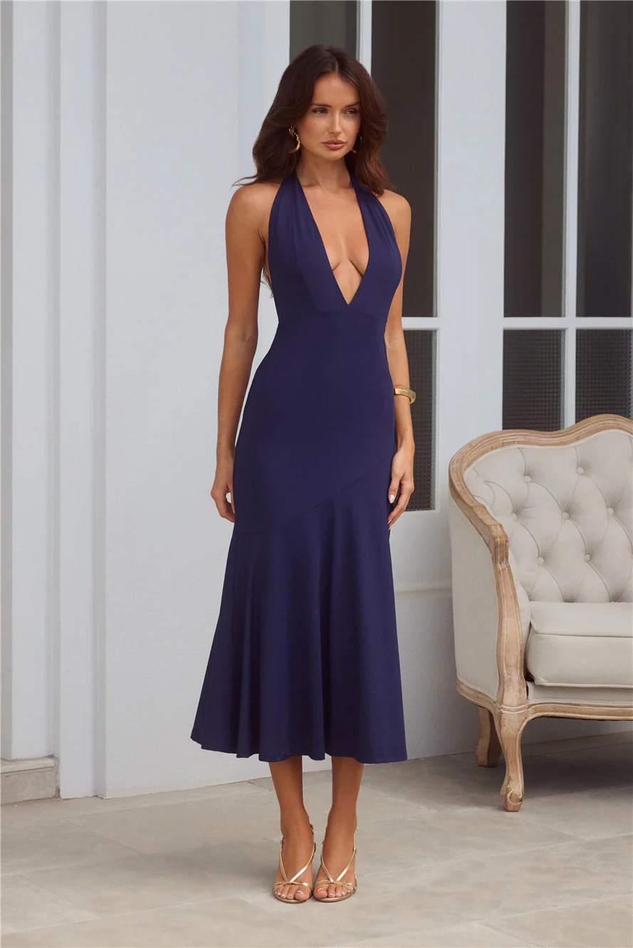 Lavish Obsession Halter Midi Dress Navy | Hello Molly (AU)