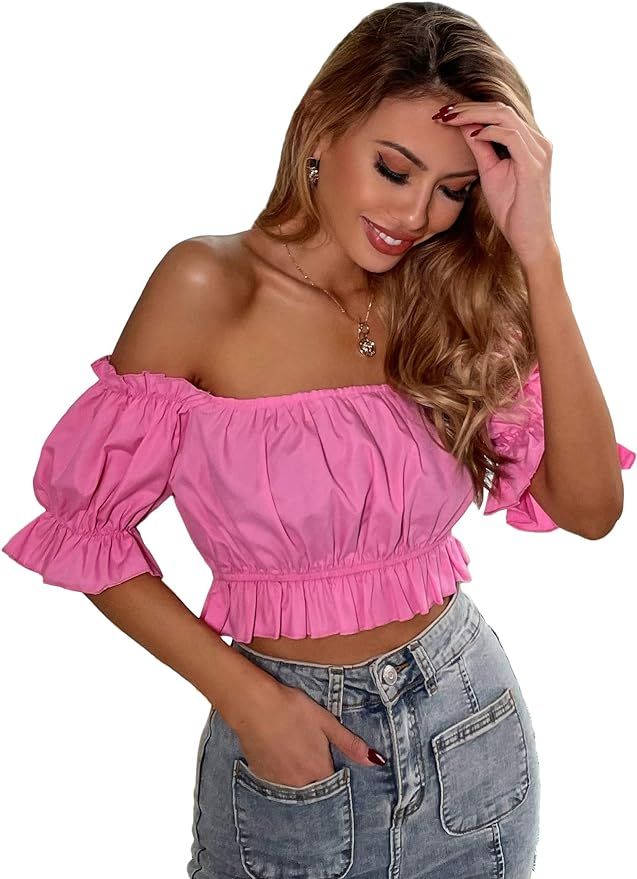 Milumia Women Off Shoulder Puff Sleeve Crop Top Ruffle Hem Ruched Solid Blouse Shirt | Amazon (US)