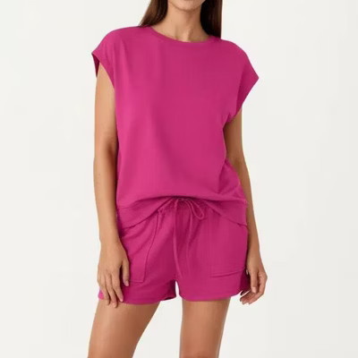Anna-Kaci Short Sleeve Lounge Top and Shorts Set with Relaxed Fit - Small, Fuchsia | Target