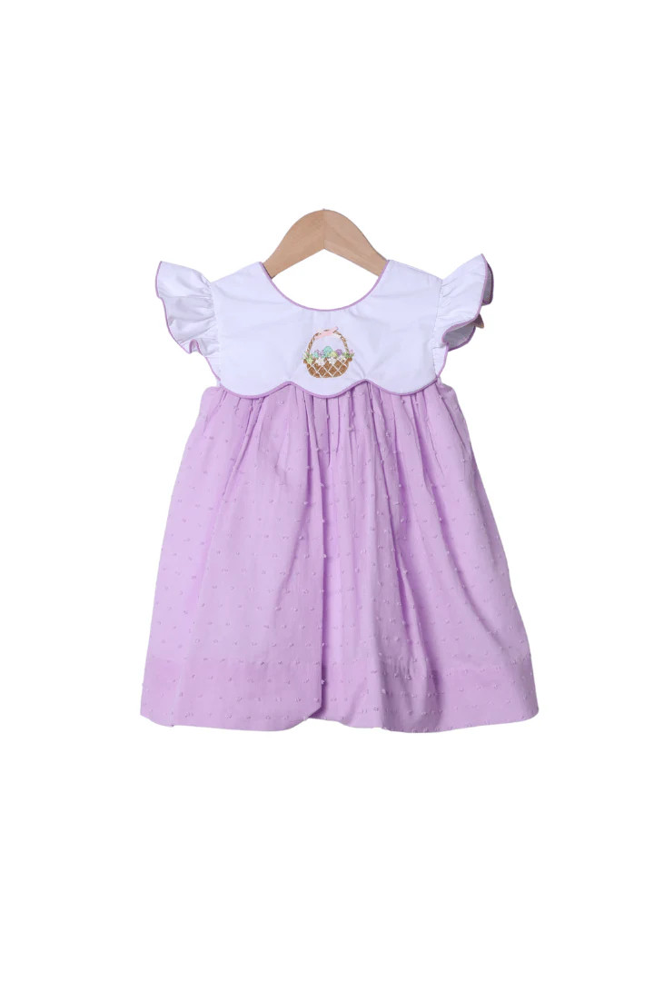Embroidered Easter Basket Lavender Swiss Dot Dress | The Smocked Flamingo