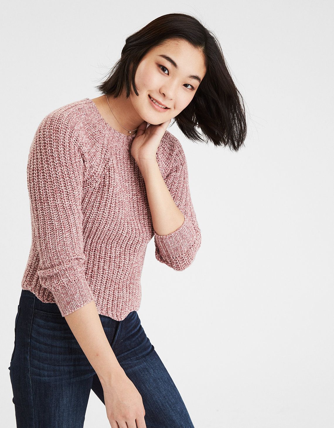 AE Scallop Hem Raglan Pullover, Pink | American Eagle Outfitters (US & CA)