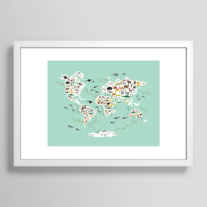 Cartoon animal world map for children, kids, Animals from all over the world, back to school, min... | Society6