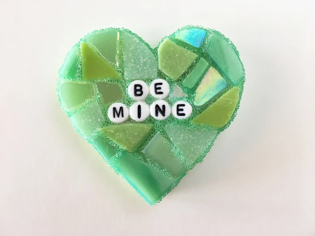Large Green Conversation Heart Be Mine Love Glass Tile Stained Valentines Day Galentines Mosaic H... | Etsy (US)