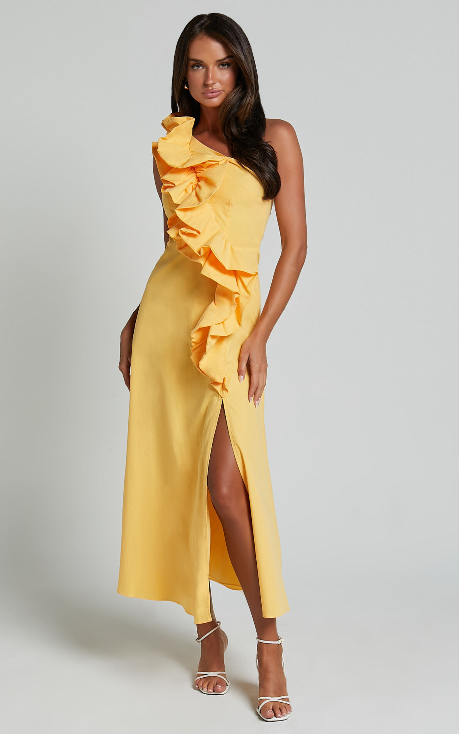 Rita Midi Dress - One Shoulder Ruffle Detail Dress in Yellow | Showpo (US, UK & Europe)