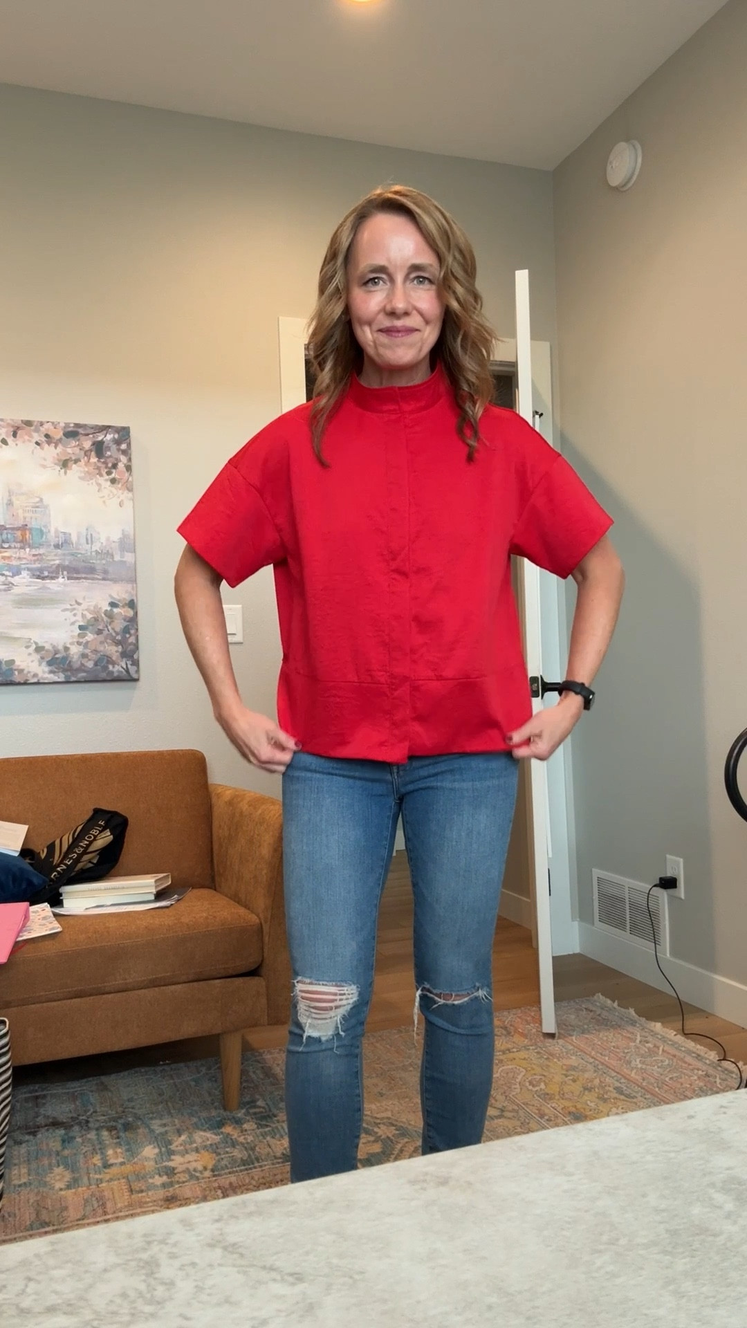 Grabbed this beautiful red button down top from Amazon!  

I’m in a Medium and it also comes in black, white, pink. 

It’s so comfy and can totally be dressed up or down.  

I’m still working on finding the baggier jeans to update my style,  but I think it looks ok paired with these and my favorite Tory Burch sandals.  

#LTKMidsize #LTKOver40 #LTKFindsUnder50
