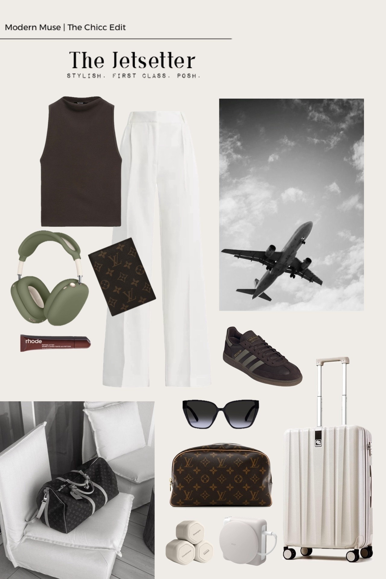 Travel edit 🛩️

#travel #outfit #luggage #adidas #ootd top pants sunglasses headphones dupe carry on lip tint Louis Vuitton makeup bag charger passport cover 

#LTKootd #LTKTravel #LTKOver40