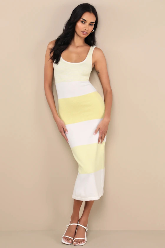 Easily Gorgeous Ivory and Yellow Striped Midi Sweater Dress | Lulus