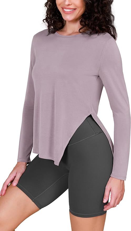 ODODOS Split Hem Long Sleeve Tee for Women Modal Soft Crew Neck Athletic Gym Workout Tops Yoga Sh... | Amazon (US)