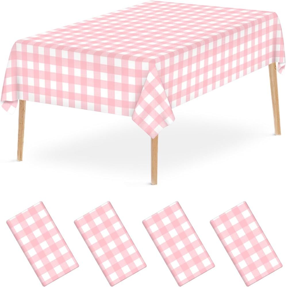 4 Pcs Pink Gingham Tablecloth 54 × 108 Inches Pink and White Checkered Table Cloth Disposable Pl... | Amazon (US)