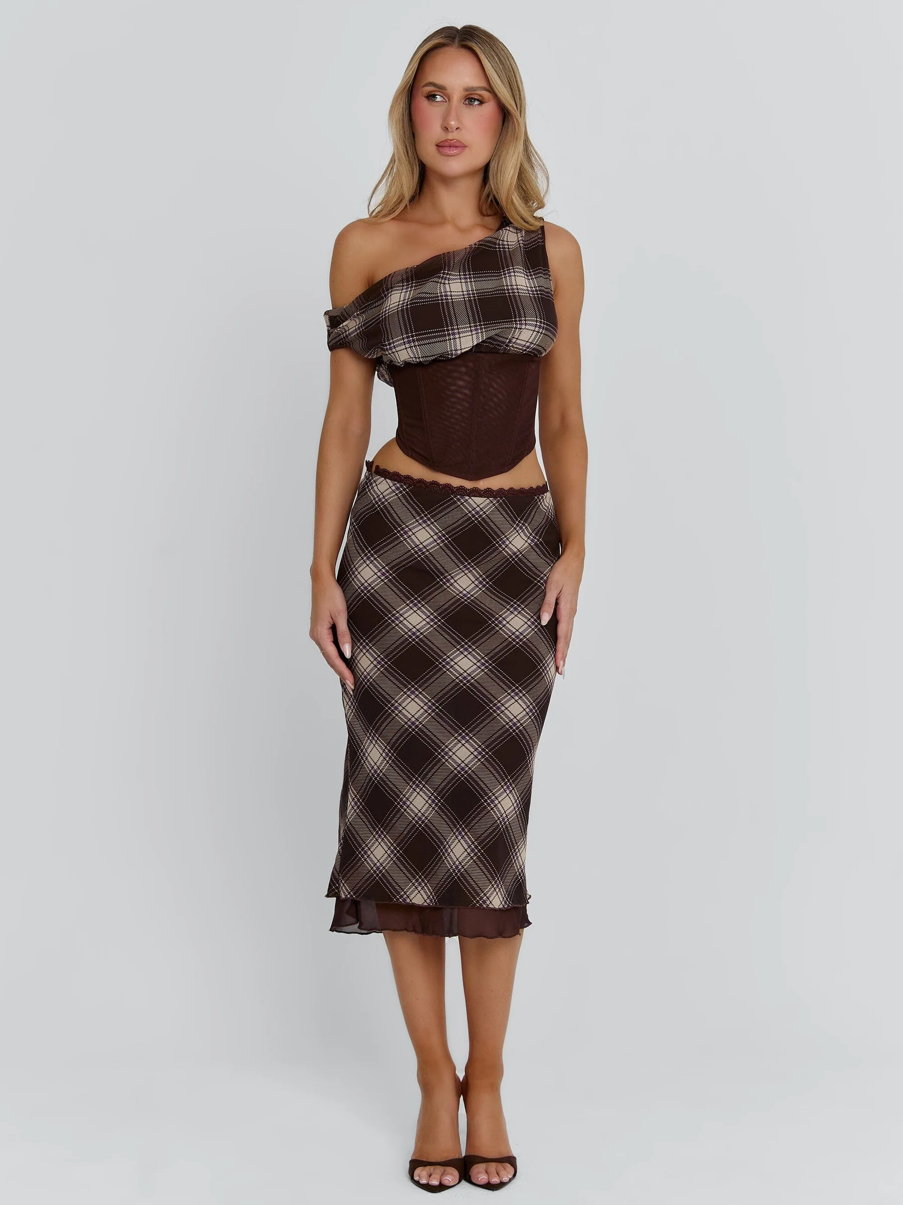 NARELLE MIDI SKIRT BROWN CHECK | Outcast (US & UK)