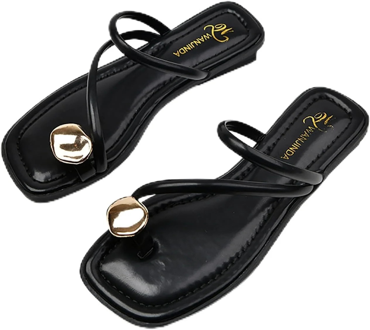 Women's leather flat metal toe ring sandals fashionable square open toe low block heel Sandal Cas... | Walmart (US)