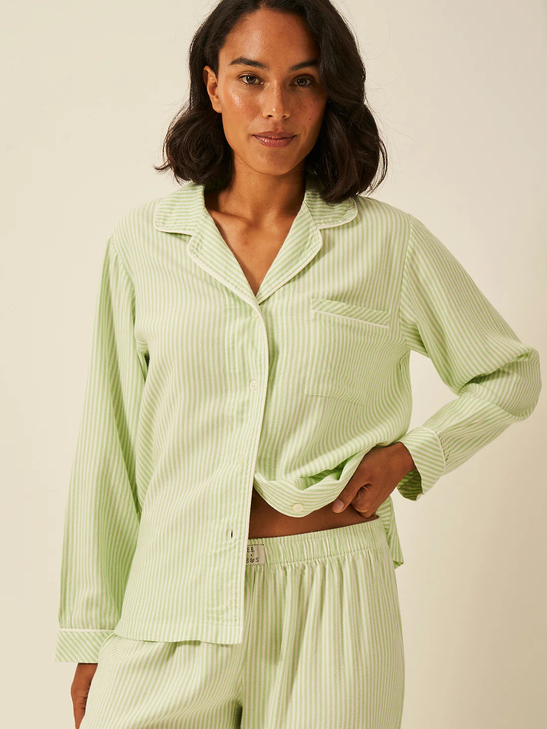Emily English X S&S Soft Brushed Woven Pyjama Top - Matcha Stripe | Stripe and Stare