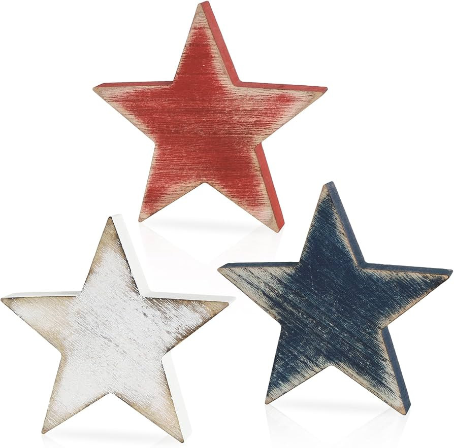 3 Pcs 4th of July Wooden Star Signs,Rustic Memorial Day Tiered Tray Decor, American Patriotic Tab... | Amazon (US)