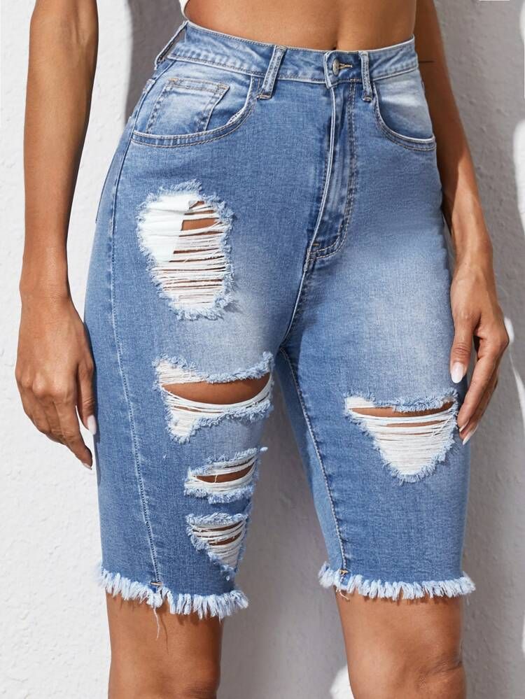 Raw Hem Ripped Bermuda Denim Shorts Without Bag | SHEIN