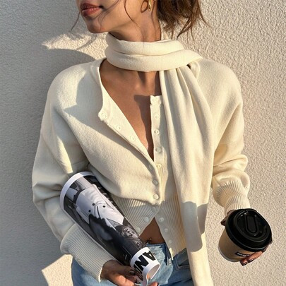 1pc Women's Simple Solid Color Front Button Casual Long Sleeve Cardigan 1pc Women's Simple Solid Color Front Button Casual Long Sleeve Cardigan(With A | SHEIN