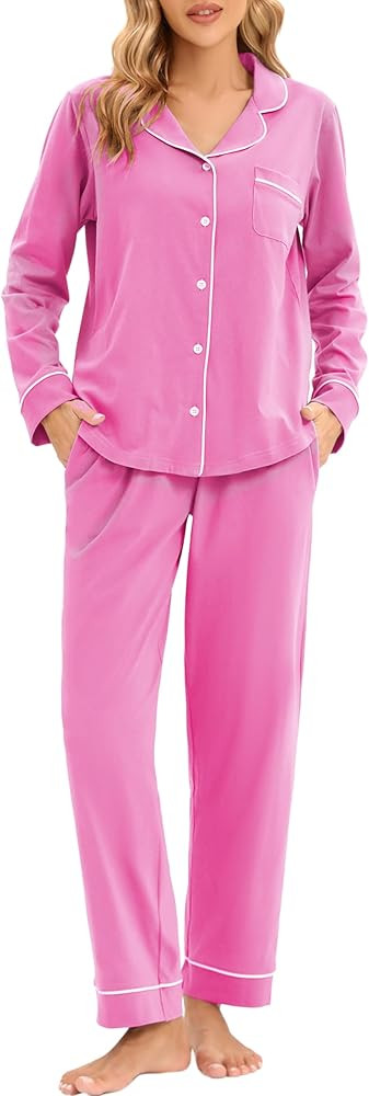 LUBOT 100% Cotton Pajamas for Women PJ Set Soft Button-Down 2 Piece Set Knitted Long Sleeve Sleep... | Amazon (US)
