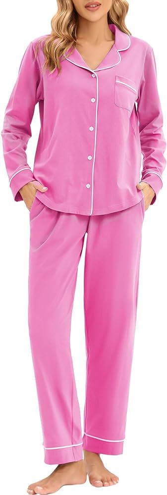 LUBOT 100% Cotton Pajamas for Women PJ Set Soft Button-Down 2 Piece Set Knitted Long Sleeve Sleep... | Amazon (US)