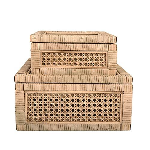 Creative Co-Op Modern Decorative Rectangle Woven Rattan and Wood Display Boxes with Glass Top, Se... | Amazon (US)