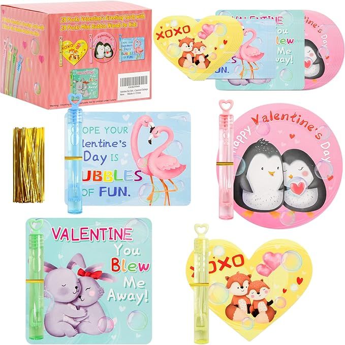 28 PCS Valentines Day Mini Cards with 28 PCS Mini Bubble Wands Gifts for Kids Party Favors Classr... | Amazon (US)