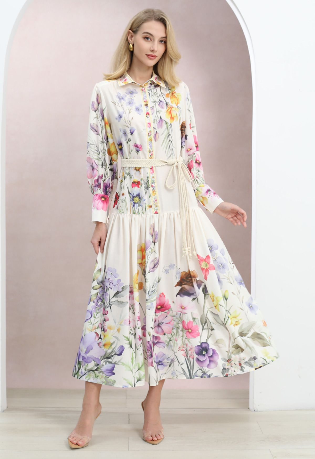 Whispering Floral Puff Sleeve Belt Buttoned Maxi Dress for Vacation & Seaside Strolls | Chicwish