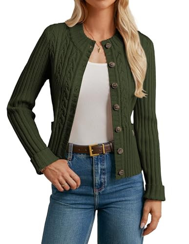 Button Up Chunky Cardigan for Women, Green Christmas Sweaters, Cable Knit Cropped Cardigan Sweaters L | Amazon (US)
