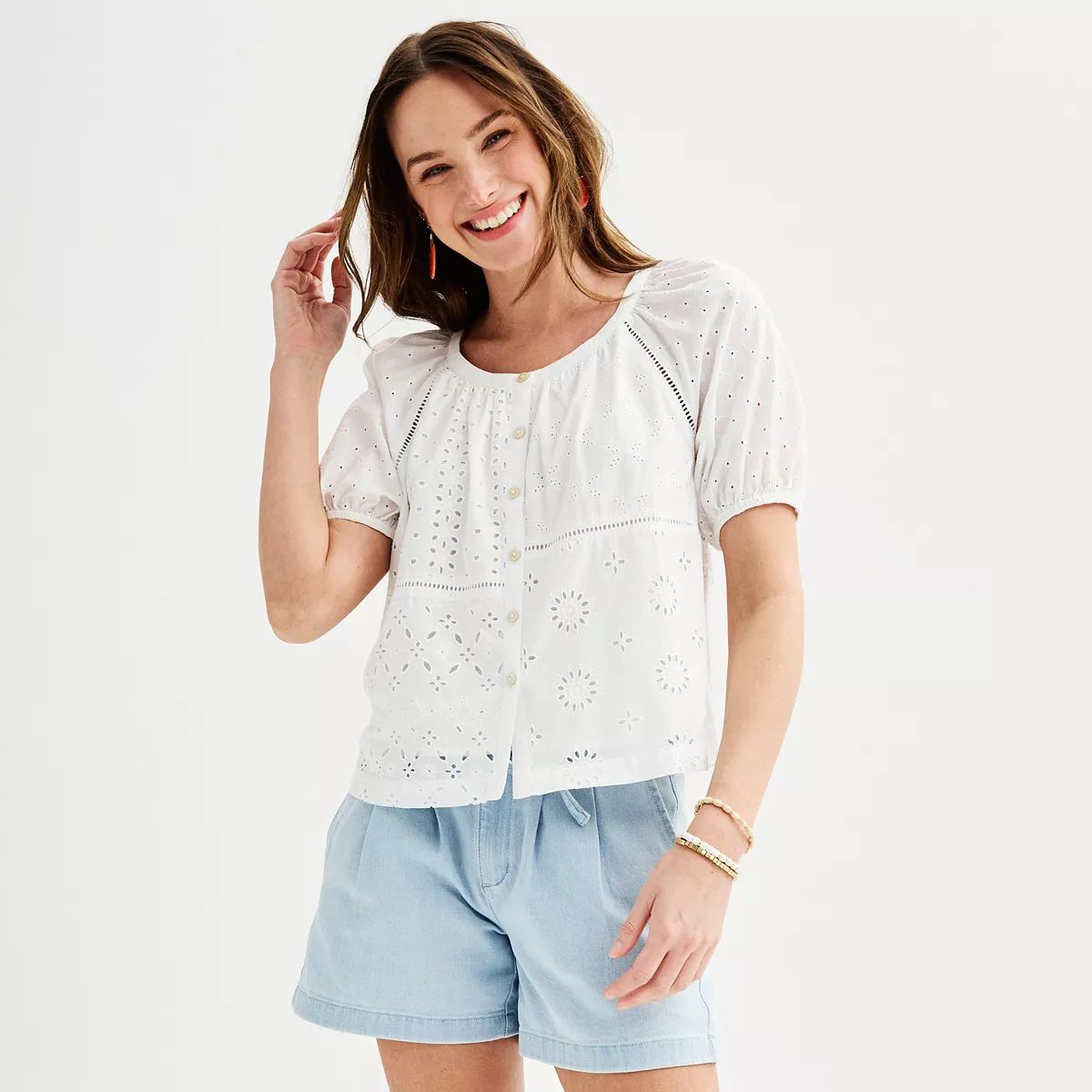 Women's Sonoma Goods For Life® Short Puff Sleeve Eyelet Detailed Button Down Top | Kohl's